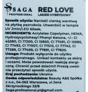 SAGA Professional Gel Polish Love Red 2, 10  ml - głęboki kolor